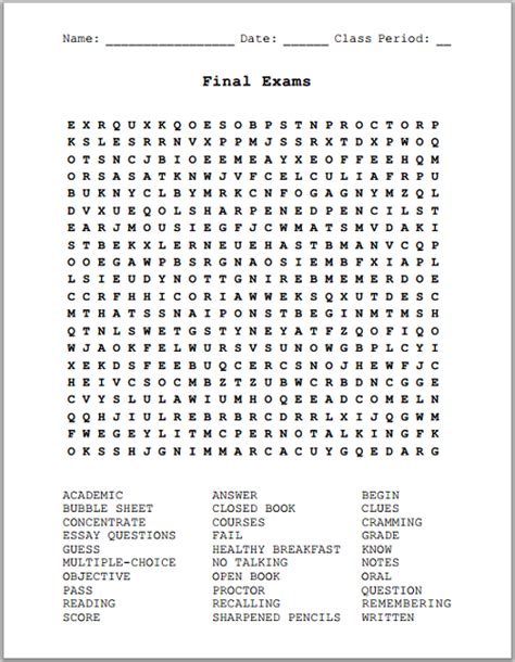 Final Exams Free Printable Word Search Puzzle Student