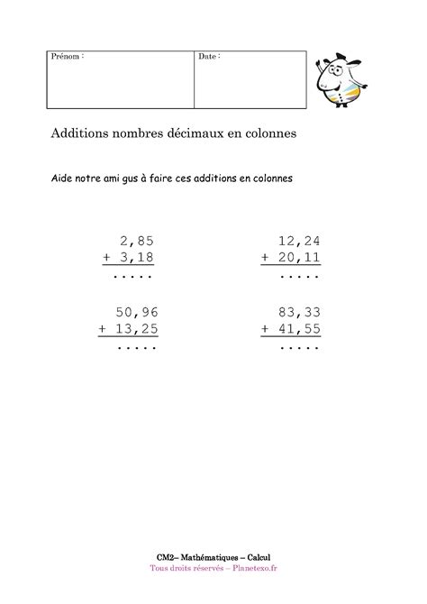 Exercice corrigé pour le CM2 : Additions nombres décimaux en colonnes