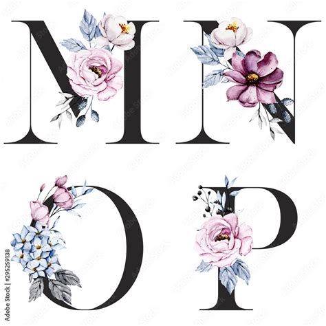 Floral Alphabet Letters Set With Watercolor Flowers And Leaf Monogram