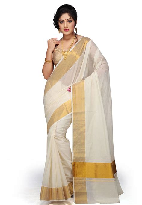 Off White Pure Cotton Kerala Kasavu Saree With Blouse Spn2177 Kerala Kasavu Saree Onam Saree