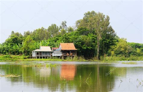 Typical Countryside House On The Riverbank Southern Vietnam Stock