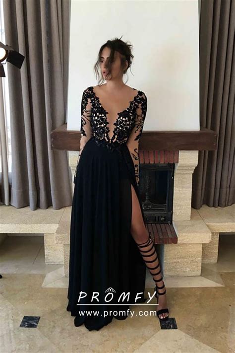 Sexy Illusion Black Lace Plunging Neckline Slit Chiffon Designer Prom