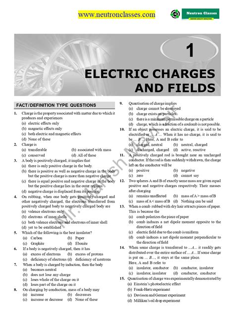 Electric Charges And Fields Chapter 1 Mcq Neutron Classes