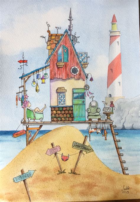 Watercolour And Ink Beach Hut House Whimsical Art Seaside Art Art
