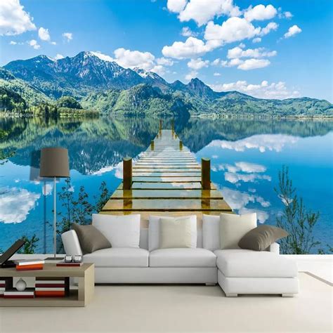 Custom Size Mural Wallpaper Sky Clouds Wooden Bridge Lake Bvm Home