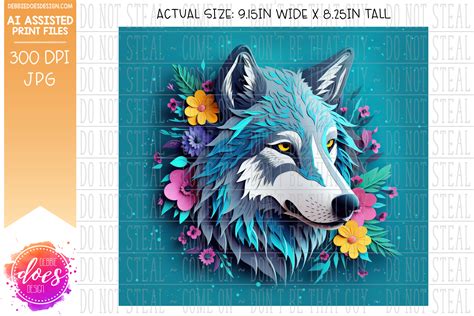 Paper Art - Wolf on Blue with Flowers - Tumbler - Printable/Sublimatio