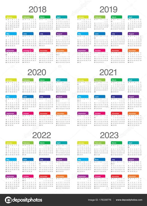 Year 2018 2019 2020 2021 2022 2023 Calendar Vector — Stock Vector