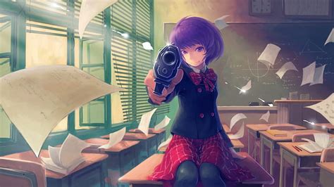 Anime Girl Classroom Purple Hair Papers Artwork Anime Hd