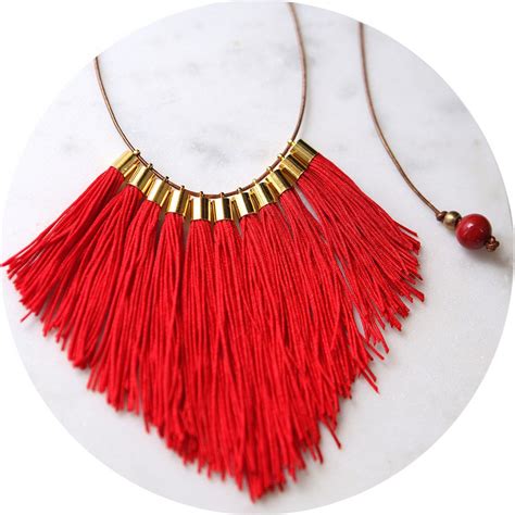 Tassel Necklace Fabulous Fringe Red Unique Art Jewellery Handmade