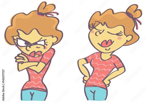 Vecteur Stock Cartoon Illustration Of Girl In Satisfied And Grumpy Pose