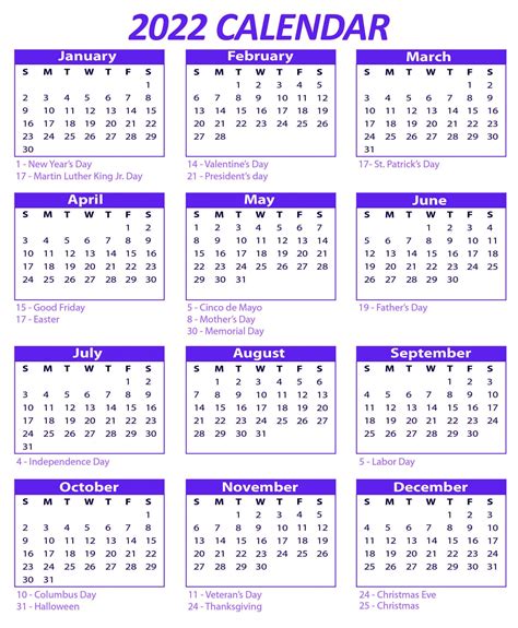 One Page 2022 Calendar Printable Download Calendar 2022