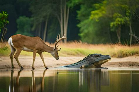 A Deer And An Alligator In The Water Ai Generated 32269994 Stock Photo