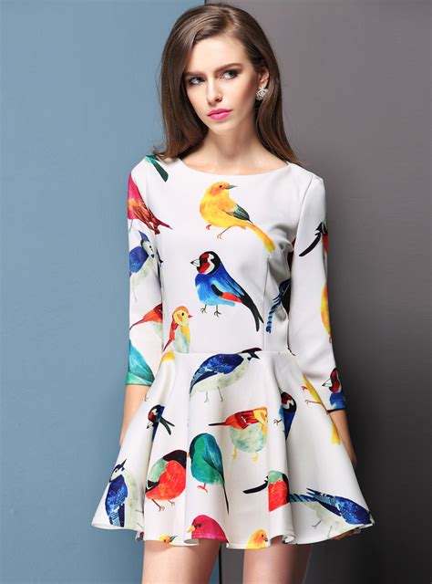 Sleeves Birds Printed Dress On Luulla