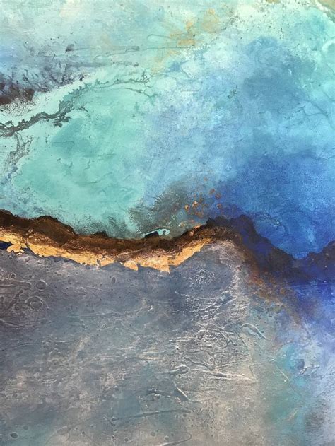 Turquoise Blue Abstract Painting Atmospheric Ocean With Gold Leaf Its