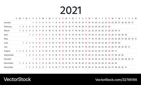 2021 Linear Calendar Template Grid Planner Vector Image