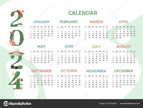 Calendario 2024 Plantilla Horizontal Con Número Cactus Del Año Inicio