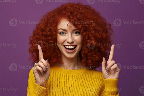 Photo Of Lovely Ginger Woman Points Index Finger Aside Demonstrates Promo On Right Looks With