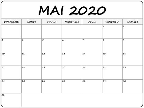 Mai 2020 Calendrier Imprimable 2022 Calendrier