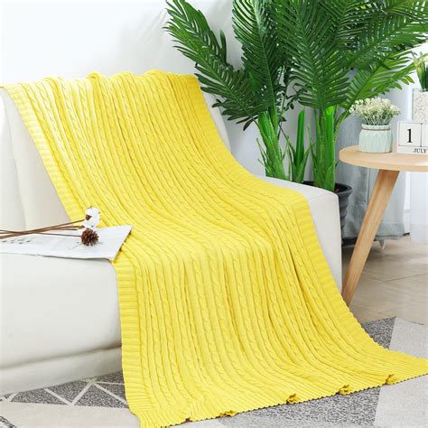 Cotton Blanket Decorative Cable Knitted Throw Soft Knit Blanket Yellow