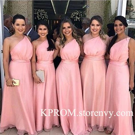 Pink One Shoulder Bridesmaid Dresseslong Chiffon Wedding Guest Dresses