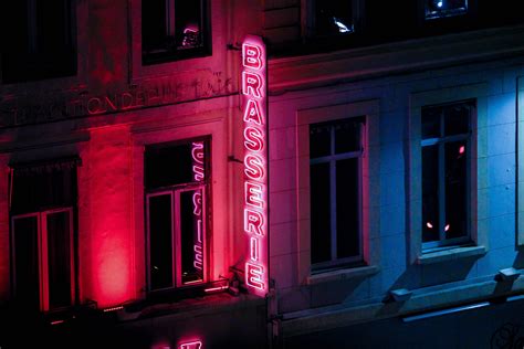 Red Brasserie Lighted Signage Night Neon Lights Hd Wallpaper