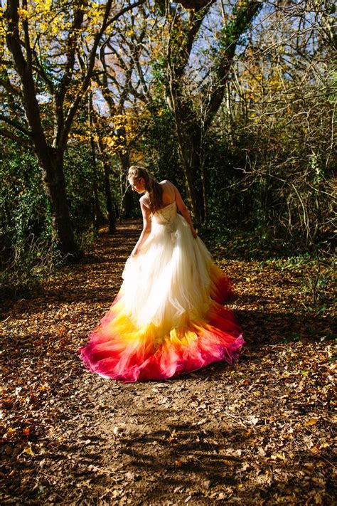 Phoenix Dip Dye Ombre Wedding Dress Silk And Tulle With Lace Detail Autumn Fire Colours Ivory