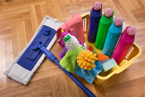 Cleaning Supplies And Equipment On Floor Stock Photo Image Of