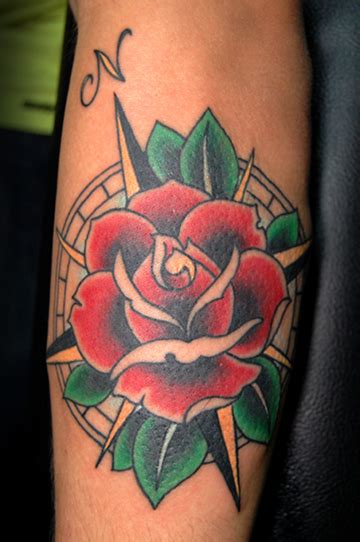 Traditional Rose Compass Tattoo On Arm