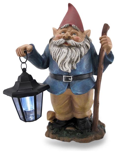 Gray Haired Gnome Holding Solar Lantern Led Garden Gnome Statue