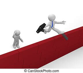 Jumping over barriers - man rides arrow over word. A man rides a rising arrow over the word ...