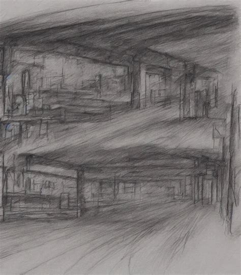 Charcoal Sketch Matte Painting Urban Decay Bus Station Stable