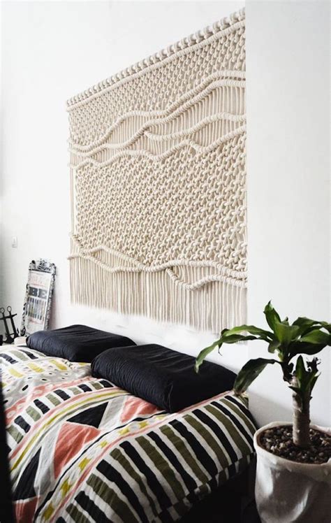 Suspension Macrame Diy Salon Mur Decoration Blanc Beige Rideau Macrame