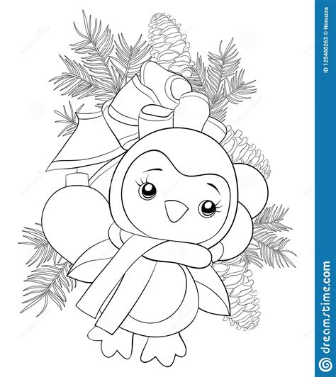 A Coloring Bookpage A Cute Penguin On The Fir Tree Brunch With Cones