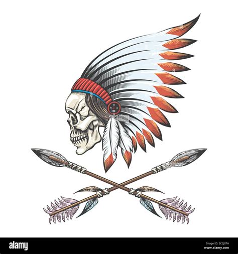 Human Skull Wearing Native American War Bonnet And Two Crossed Arrows Tattoo Vector