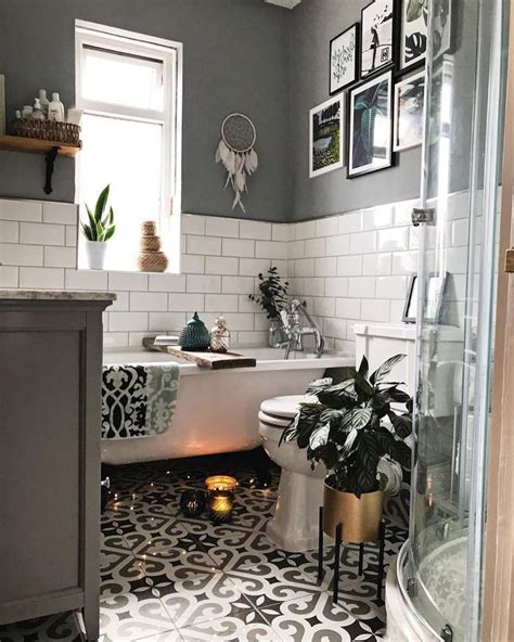 Monochrome Bathroom With Patterned Tiles And Countertop