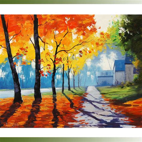 Large Autumn Oil Painting River Landscape Yellow Colour