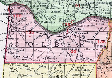 Colbert County Alabama Map 1911 Tuscumbia Cherokee Sheffield