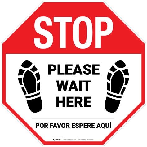 Stop Please Wait Here Bilingual With Shoe Prints Stop Floor Sign