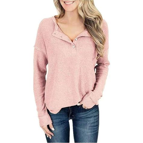 Pink Queen Womens Waffle Knit Henley Shirts Long Sleeve Shirt Tops V