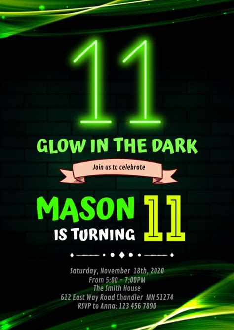 Glow Double Digits 11th Birthday Invitation Template Postermywall