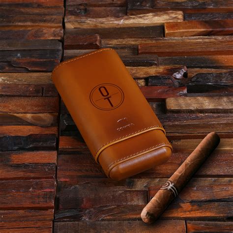 Personalized Leather And Wood Three Cigar Holder Teals Prairie And Co