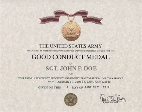 Us Army Good Conduct Replacement Certificate On 24 Lb Parchment Paper