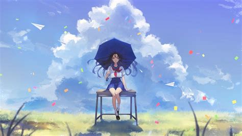 Обои девушка школьница зонтик аниме арт картинки на рабочий стол