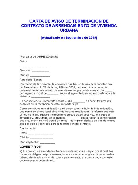 Carta de aviso de terminación de contrato de arrendamiento Actualizado abril