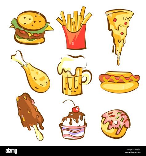 Fast Food Meals Set Comic Cartoon Style Brown Contours Warm Colours