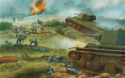 Art Painting Battle War Warriors Soldiers Tanks Landscapes Wallpaper
