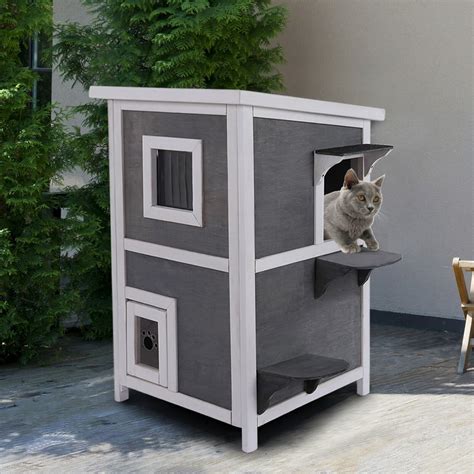 Actops Outdoor Solid Wood 2 Floor Cat Condo Pet House Kitty Shelter