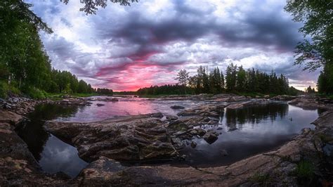 Wallpaper Finland Forest River Rocks Clouds Dusk 1920x1080 Full Hd