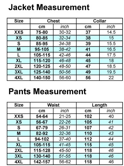 Sizing Information Chart For Chef Uniforms And Apparels