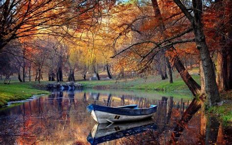 Landscape Fall Boat Park Pond Reflection Trees Nature Water Grass Wallpapers Hd